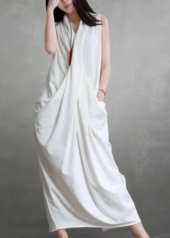 Leather dresses for womenFrench White Asymmetrical Wrinkled Patchwork Cotton Dresses Summer
