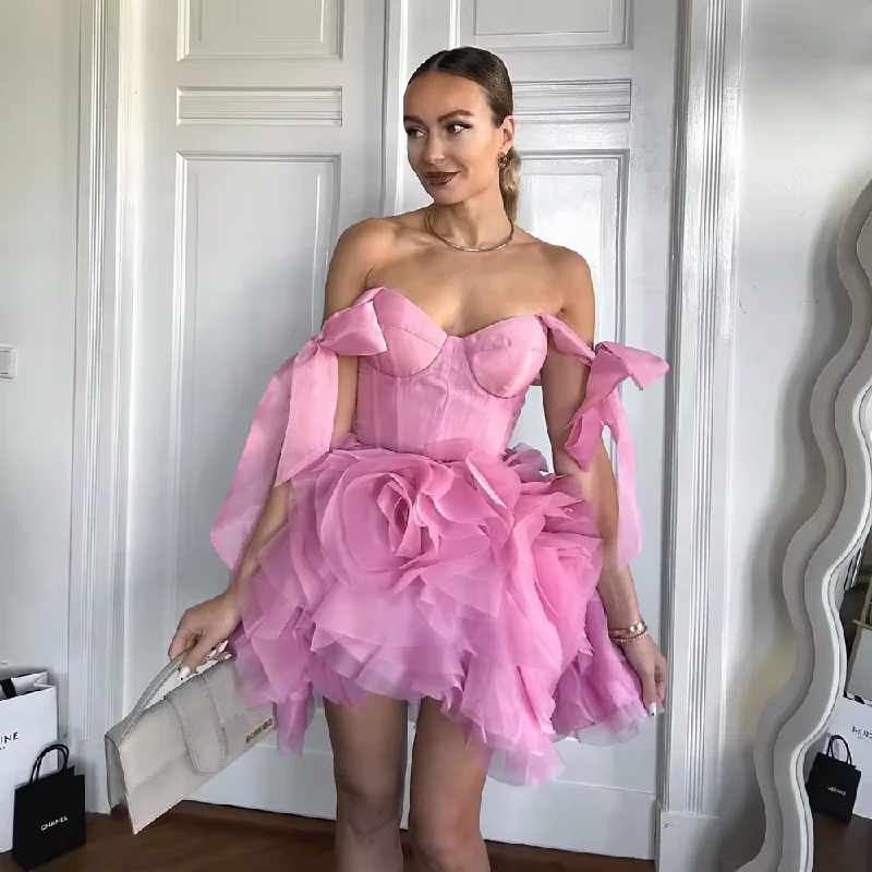 Lace dresses for womenPretty Handmade Flowers Prom Dresses Off The Shouder Bow Ruffles Tiered Tulle Mini Party Dress Puffy Mesh Pageant Gowns Z