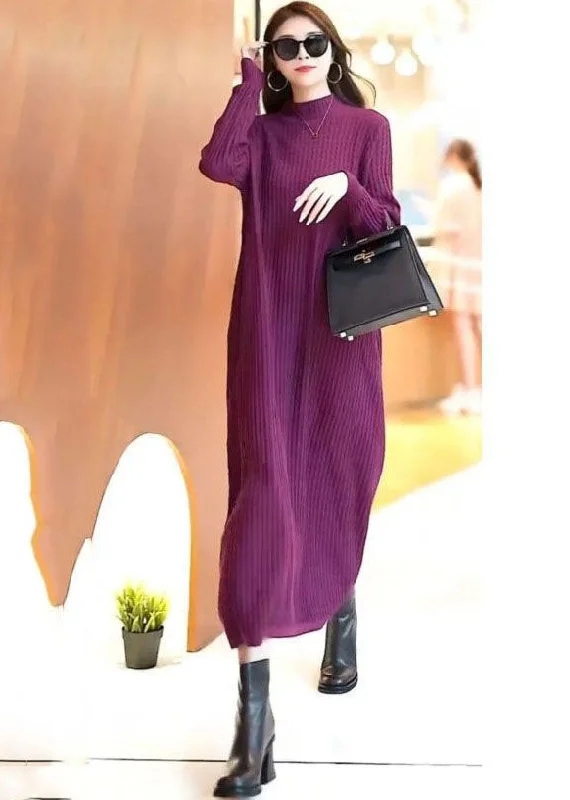 Workwear women's sweaterClassy Purple Stand Collar Solid Color Knit Long Sweater Dress Spring