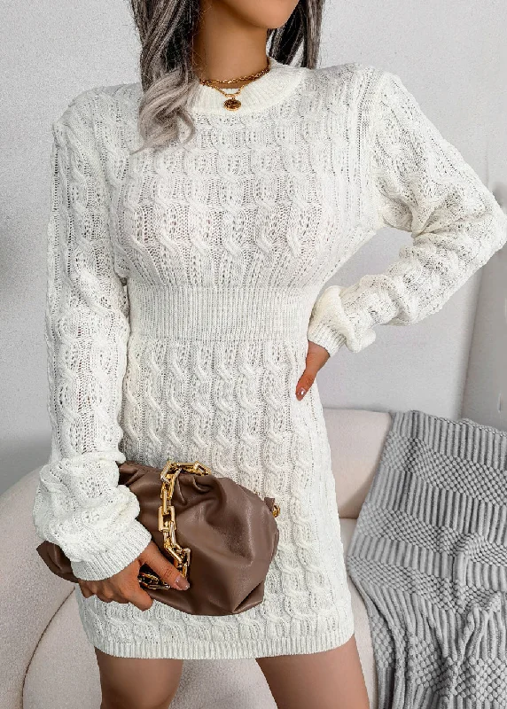 One-shoulder women's sweaterWomen White O Neck Slim Fit Knit Sweater Dress Fall