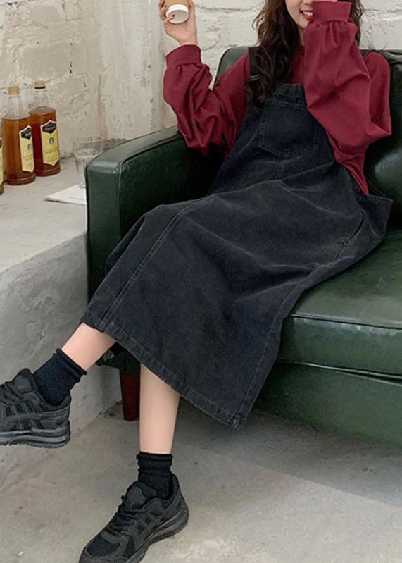 Sheath dresses for womenRetro Denim Black Slash Neck Patchwork Button Long Cami Dresses Sleeveless
