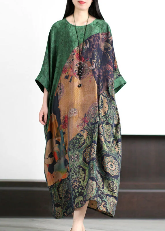 Long flowy dresses for womenPlus Size Green O Neck Print Patchwork Silk Holiday Dress Summer