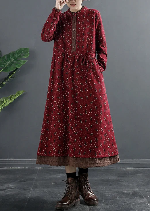 Mother-of-the-bride dressesRed Tie Waist Lace Patchwork Fleece Dress O Neck Winter