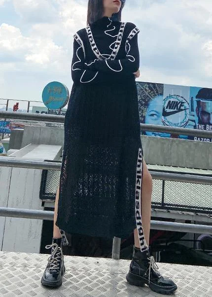 Pullover women's sweaterWomen black Letter Sweater dresses Largo v neck side open Art  knit dress