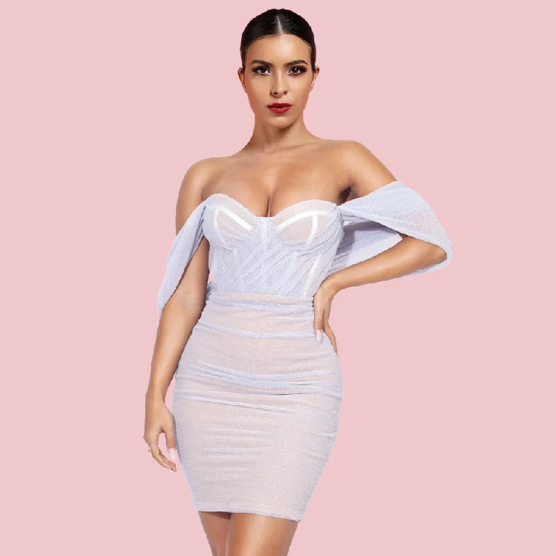 Long flowy dresses for womenOff Shoulder Short Sleeve Tulle Mini Bodycon Dress H01215