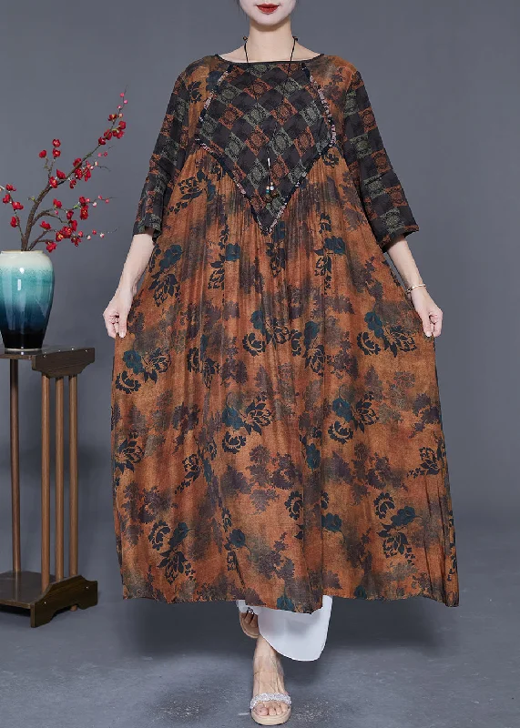 Motherhood dresses for pregnant womenSimple Coffee Oversized Patchwork Exra Large Hem Silk Long Dress Summer