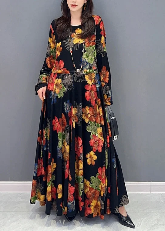 Wrap dresses for womenUnique Floral O Neck Wrinkled Patchwork Cotton Long Dress Fall
