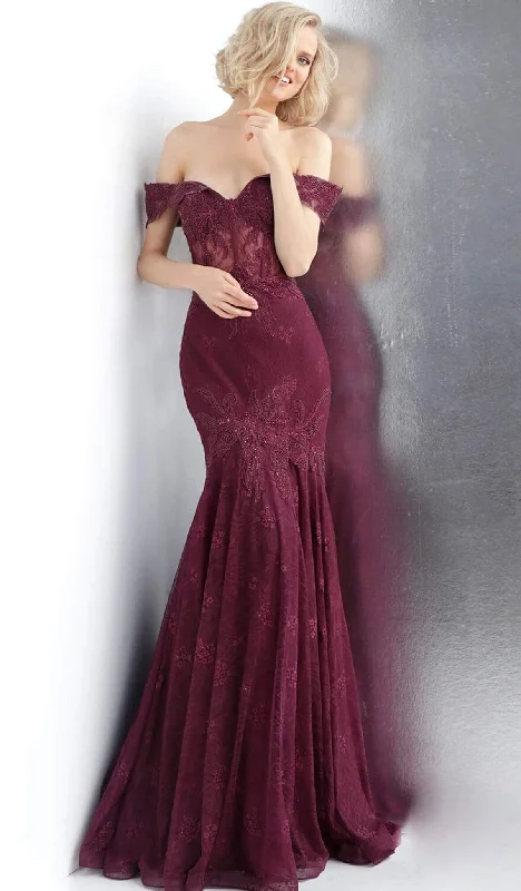 women's suit sets with blazersJVN by Jovani - Lace Foldover Off Shoulder Corset Trumpet Dress JVN66981 - 1 pc Bordeaux In Size 2 Available