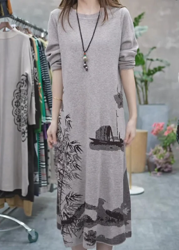 Button-down women's sweaterWomen Grey O Neck Print Knit Sweater Dress Winter