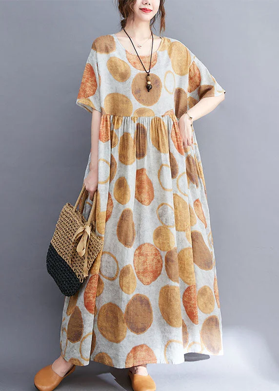 Polka dot dresses for womenPlus Size Yellow O-Neck Wrinkled Dot Print Linen Long Dress Short Sleeve
