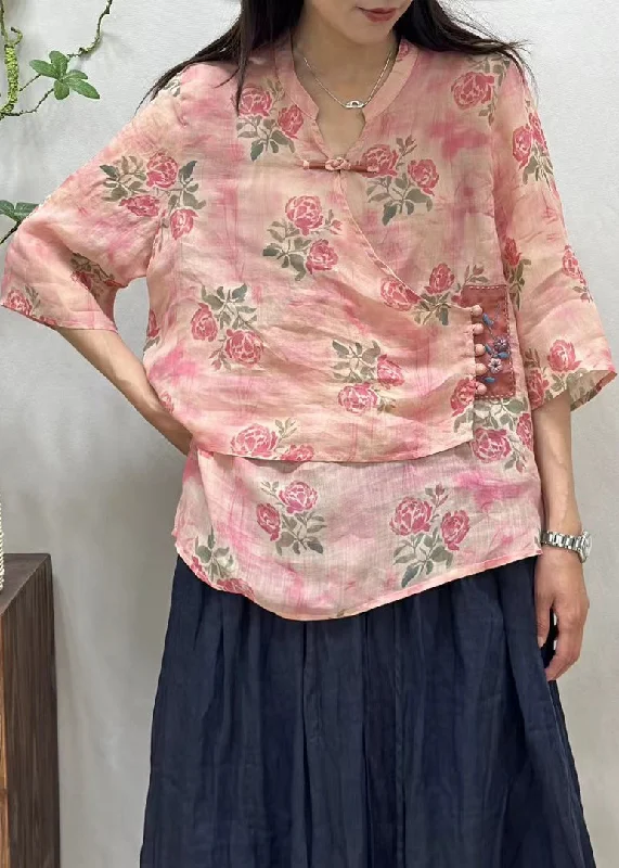 Zip-up women's topsNew Pink Asymmetrical Button Print Linen Shirt Half Sleeve
