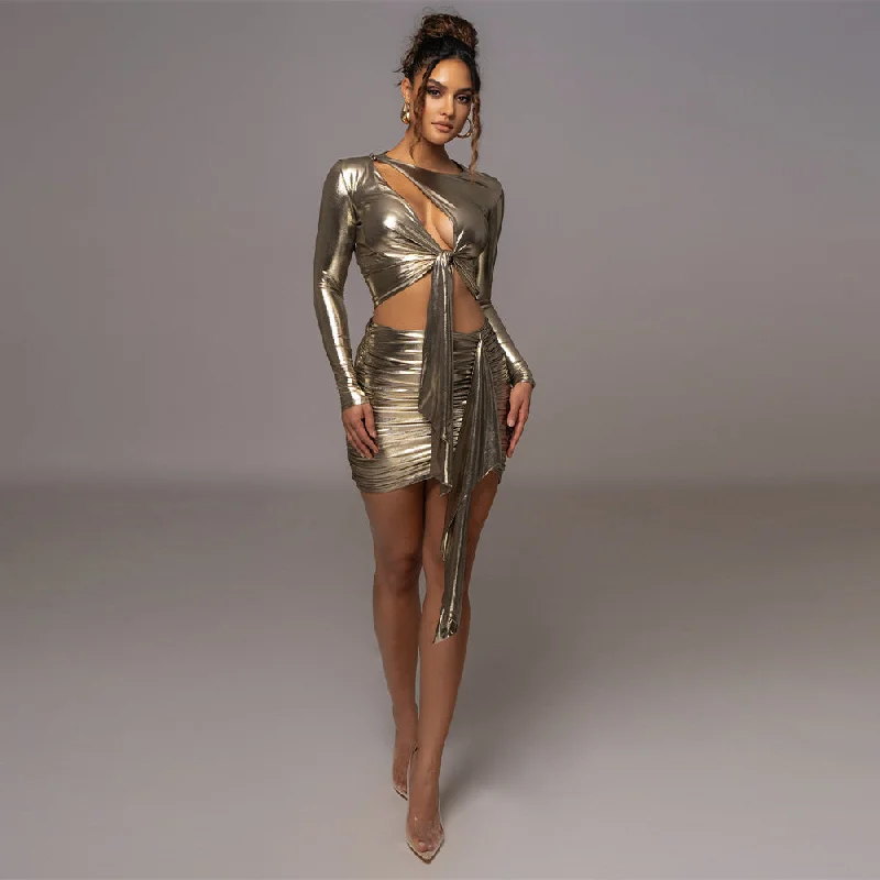 High-slit dresses for womenLong Sleeve Cut Out Mini Set KLYF1083