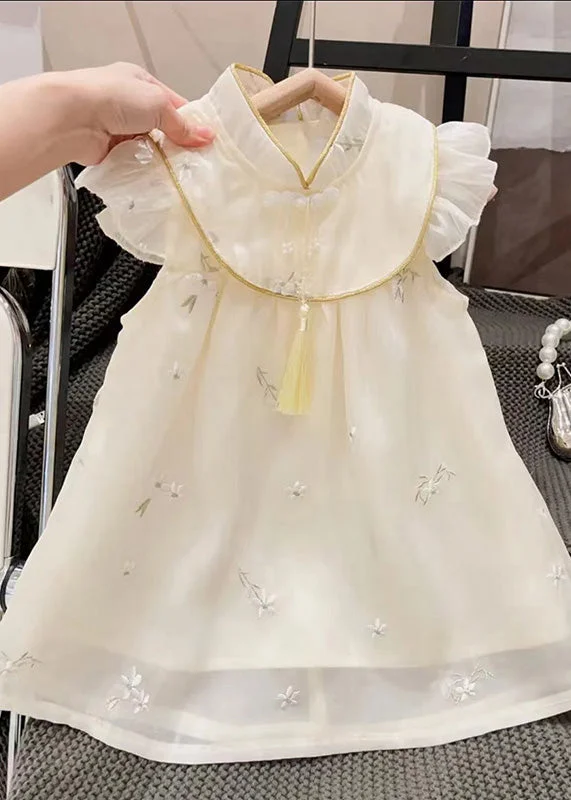 Winter dresses for cold weatherCasual Beige Stand Collar Embroideried Tassel Patchwork Tulle Long Dresses Summer