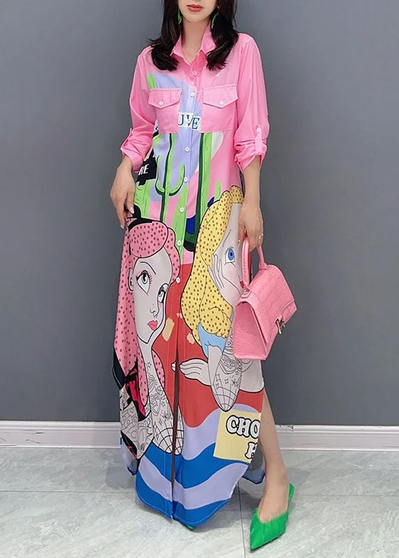 Plunging neckline dresses for womenStylish Pink Peter Pan Collar Print Patchwork Cotton Shirts Dress Summer