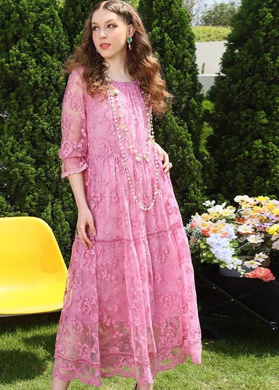 Plus-size dresses for womenCute Pink O-Neck Embroidered Patchwork Tulle Long Dress Bracelet Sleeve