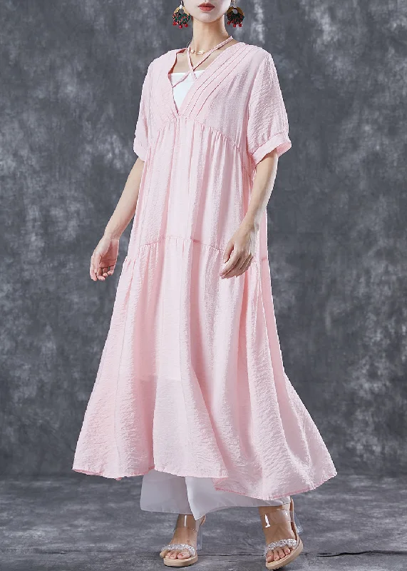 Batwing sleeve dresses for womenFrench Pink V Neck Patchwork Exra Large Hem Cotton Holiday Dress Summer