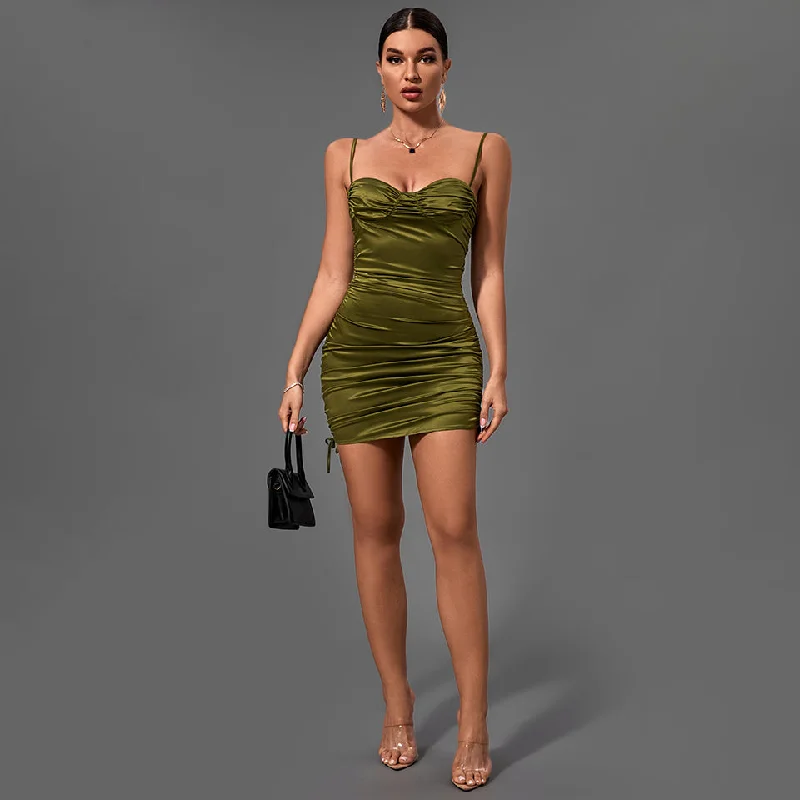 Vintage women's dressesGreen Strappy Sleeveless Wrinkled Mini Bodycon Dress FP21431