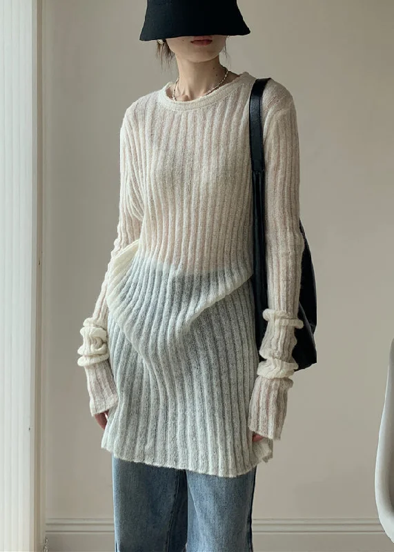 Tunic-style women's sweaterSimple White O-Neck Solid Thin Knit Sweater Dress Spring
