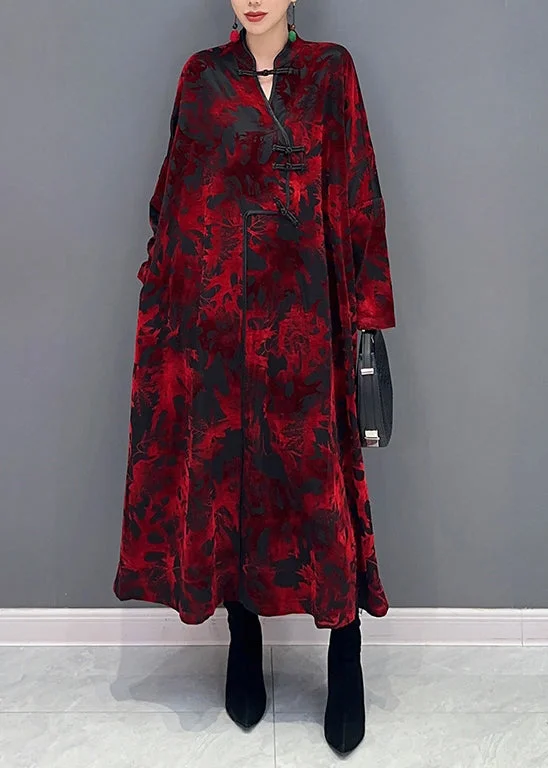 Chiffon dresses for womenVintage Red Stand Collar Print Patchwork Loose Velour Dresses Fall