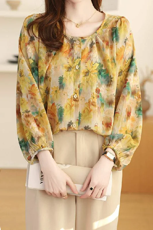Asymmetric women's topsRound Neck Art Floral Print Blouse