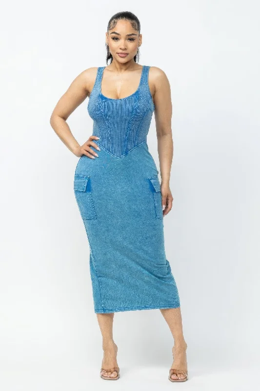 Tight-fitting dresses for womenAcid Washed Cargo Midi Dress