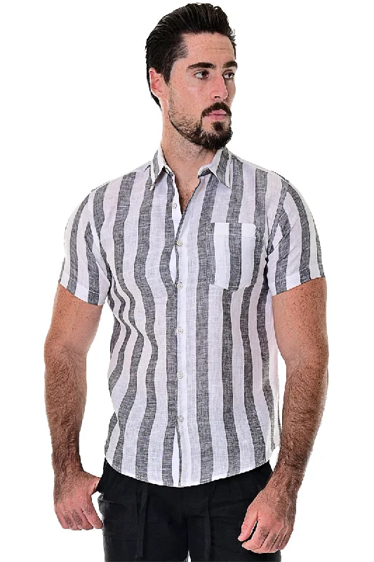 Striped women's topsBohio Men's 100% Linen Striped Short Sleeve Button Down (1) Pocket Shirt -MLS1693