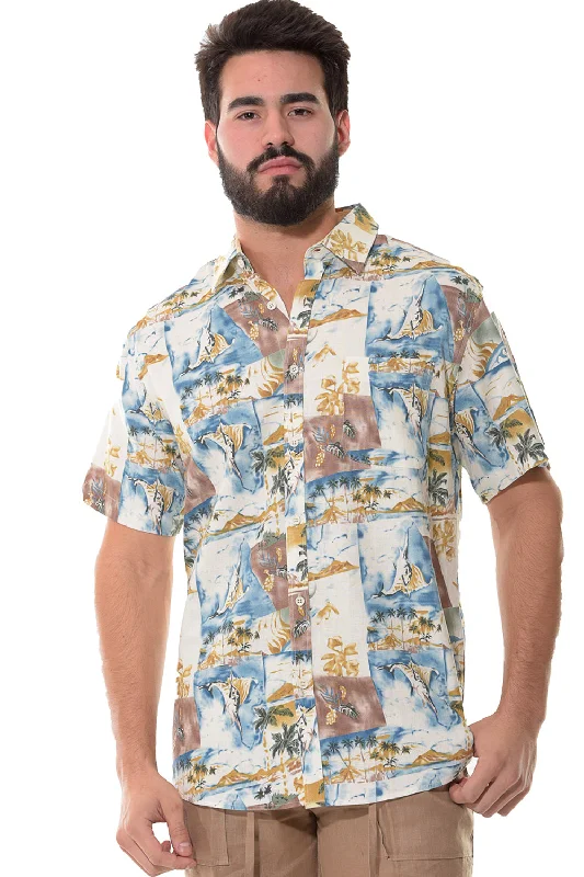 Breathable women's topsBohio Men's Linen Tropical Print Casual Short Sleeve Shirt w/Pocket in Ivory _MLSP1198