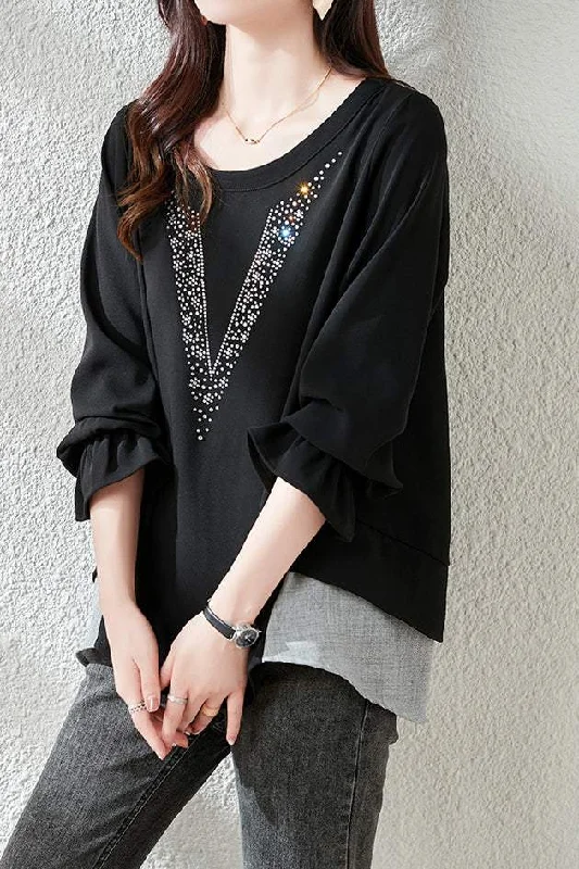 Racerback women's topsRound Neck V-Shaped Rhinestone Decor Sweatshirt