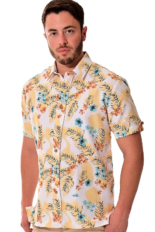 Sustainable women's topsBohio Men's Rayon Short Sleeve Button Down Tropical Print Shirt - MRS100