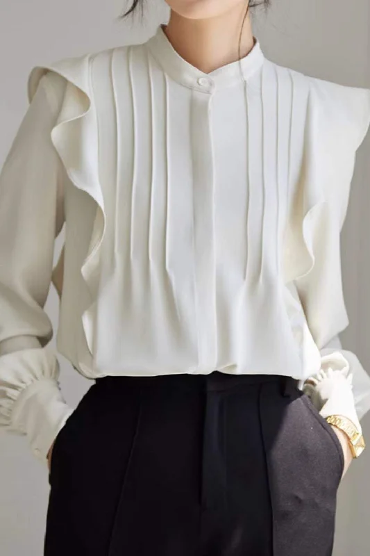 Vintage women's topsスタンドカラーラッフル切替ピンタックブラウス