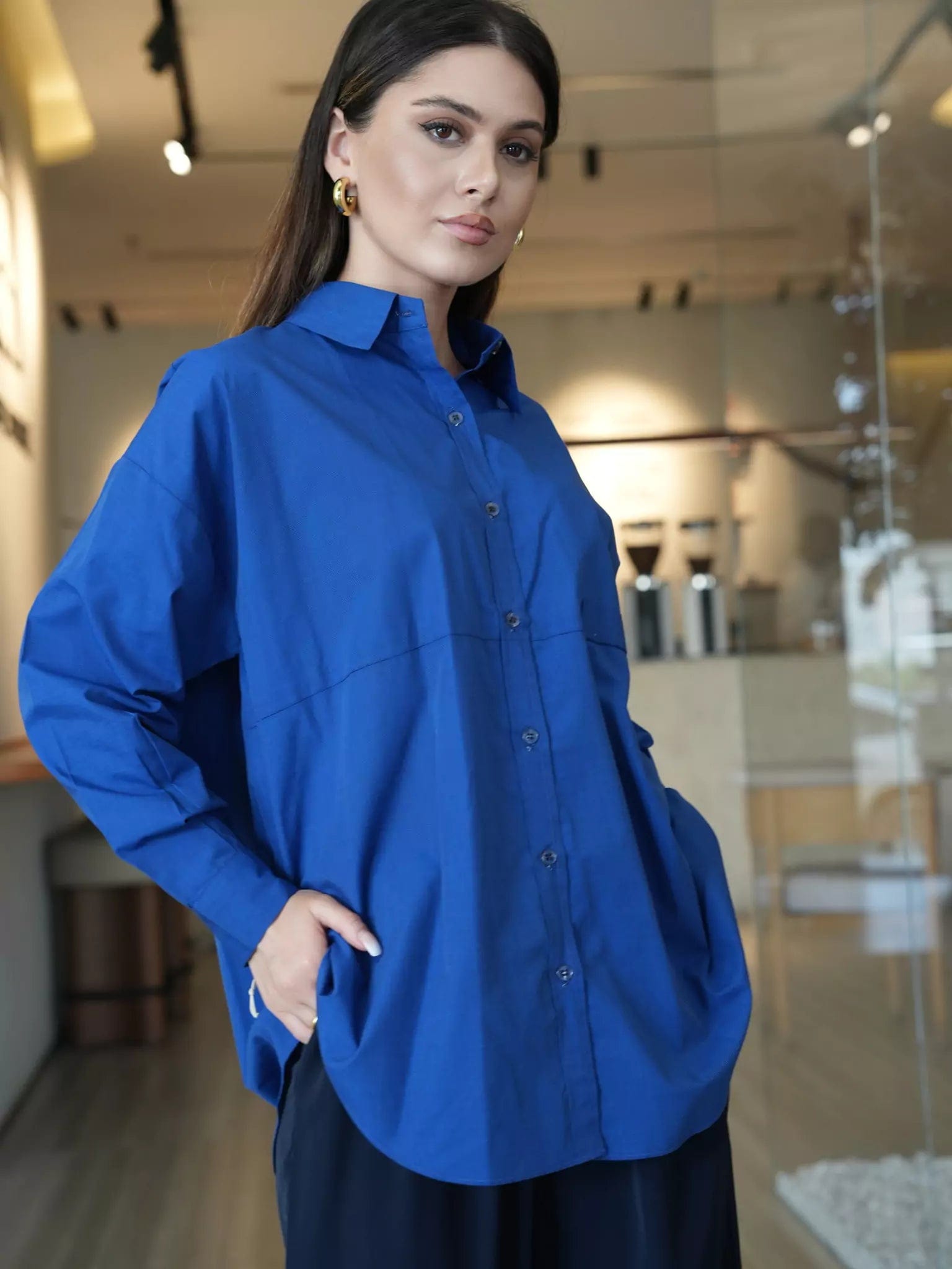 Asymmetric women's topsOrient Blue Button Down Shirt