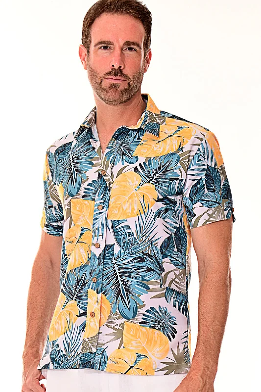 Maternity women's topsBohio Men's Rayon Short Sleeve Button Down Tropical Print Palms Shirt - MRS104