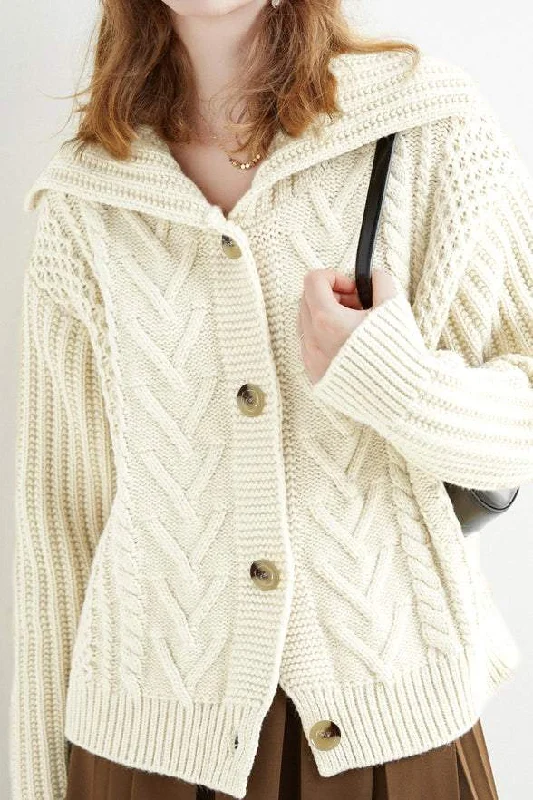 Statement women's topsセーラーカラーアラン編みニットカーディガン　2色入