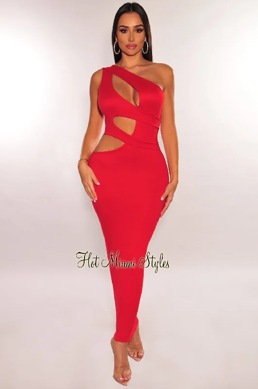Handmade dresses for unique fashion statementsRed One Shoulder Cut Out Midi Dress