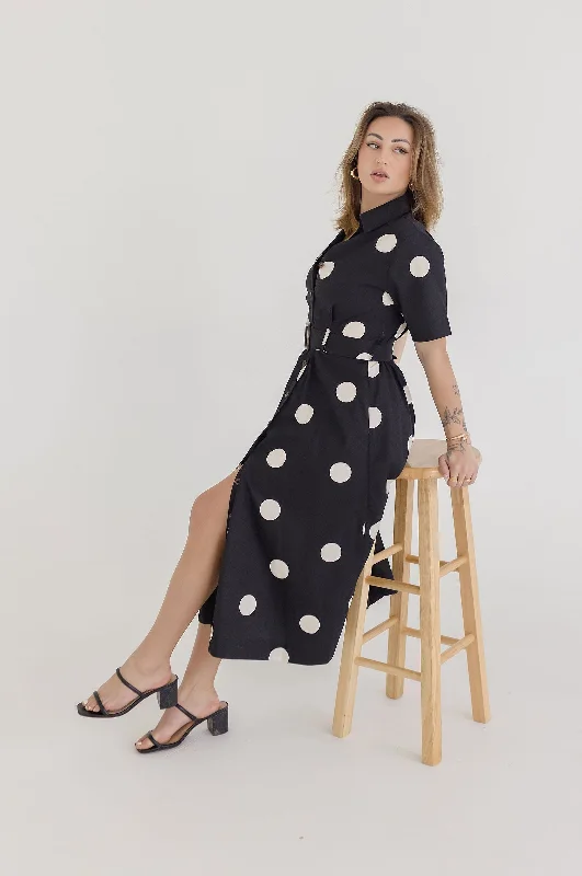 Cotton dresses for everyday wearDani Short Sleeve Belted Polka Dot Print Midi Dress Black