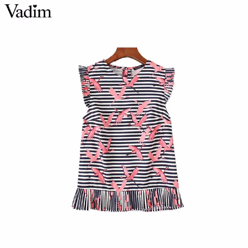 Lavender women's topsVadim women sweet ruffles crane print striped shirts