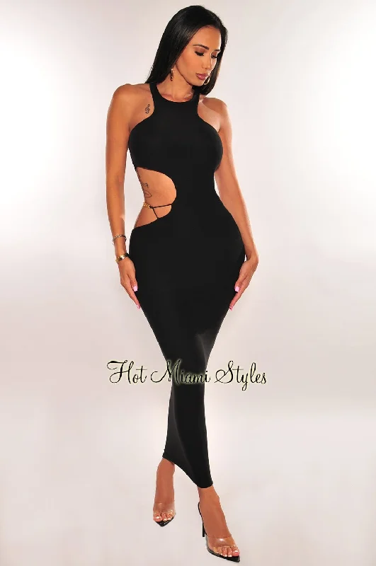 Workwear women's dressesBlack Sleeveless Gold Chain Cut Out Midi Dress