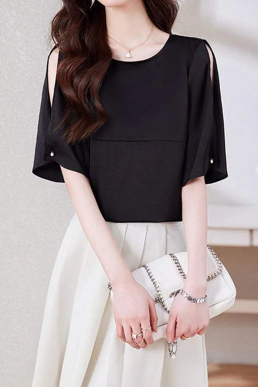 White women's topsRound Neck Arm Slit Short Sleeve Blouse - 2 Colors Available