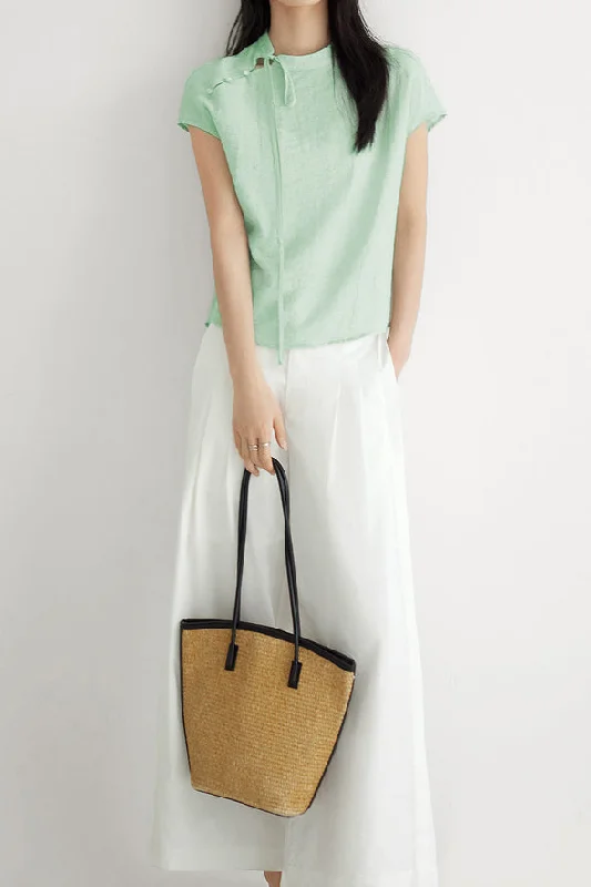 Plus-size women's topsBand Collar Diagonal Button French Sleeve Blouse - 2 Colors Available
