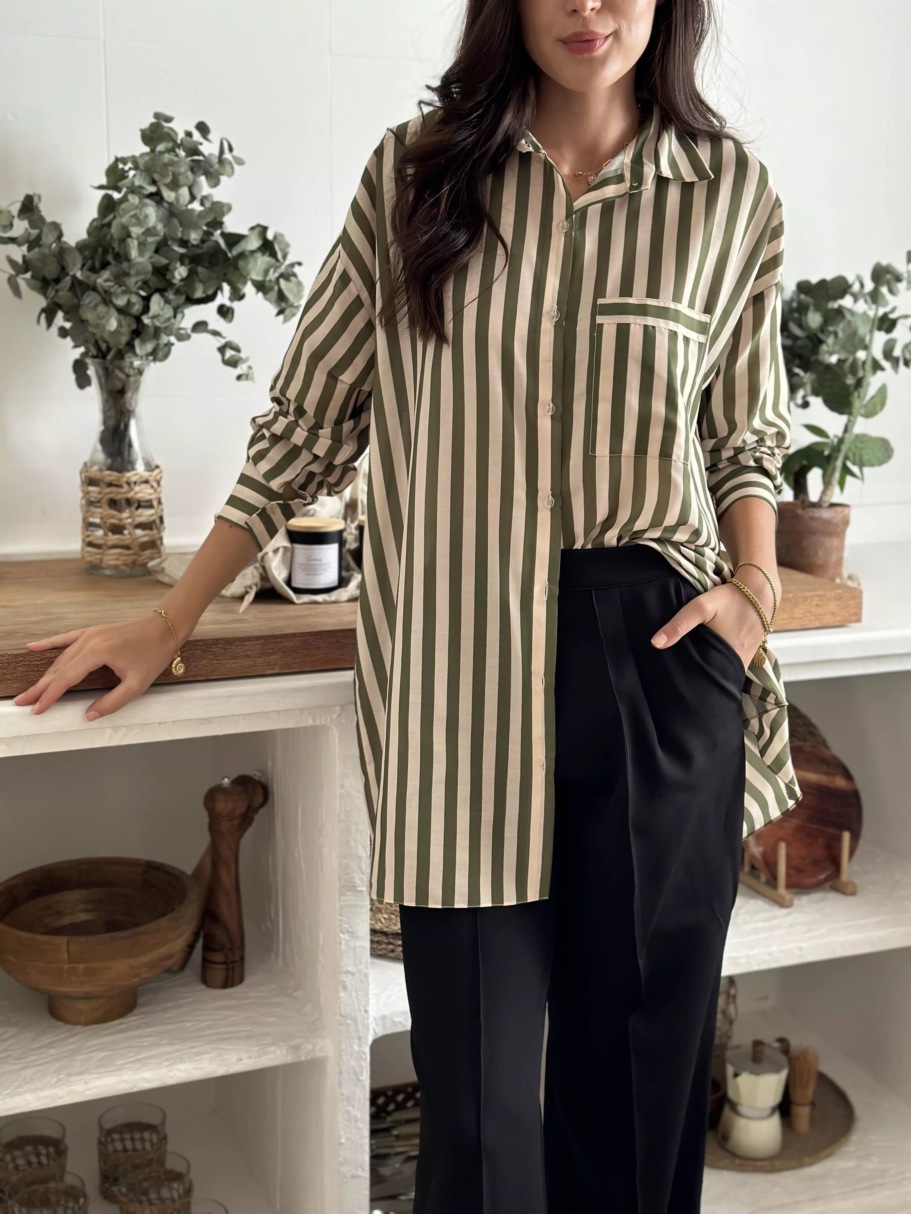 Floral print women's topsOlive Green Stripe Button Down Shirt