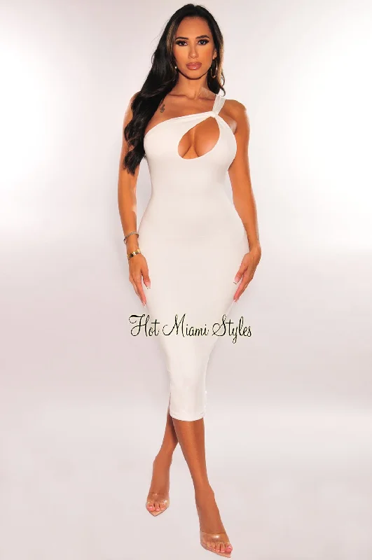 Leather dresses for womenWhite One Shoulder Strap Keyhole Cut Out Midi Dress