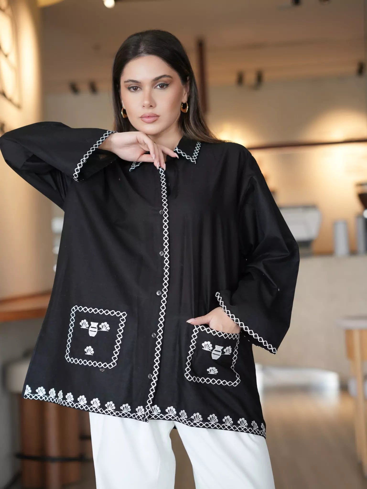 Yoga women's topsBlumen Embroidered Black Shirt