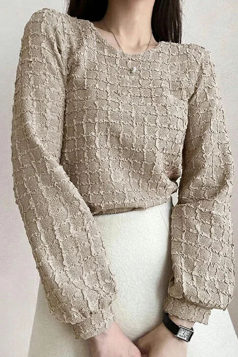 Travel women's topsRound Neck Embossed Check Blouse - 3 Colors Available