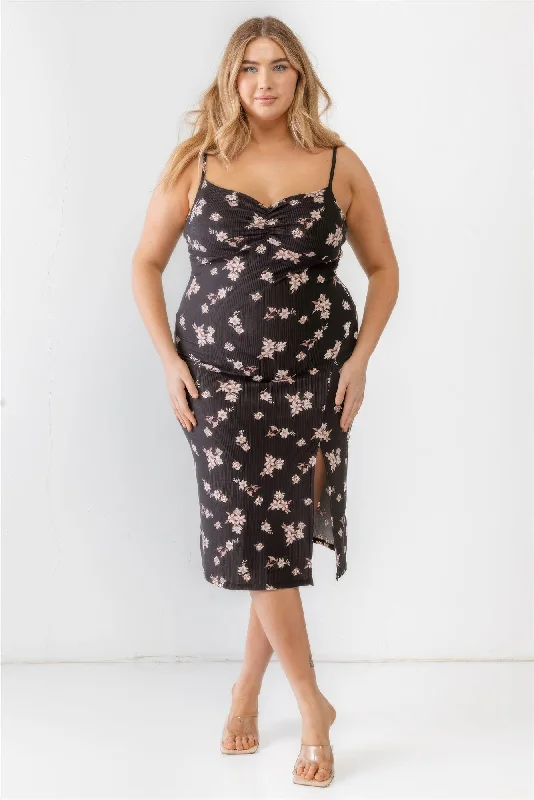 High-neck dresses for womenPlus Floral Ribbed Ruched Sleeveless Midi Dress
