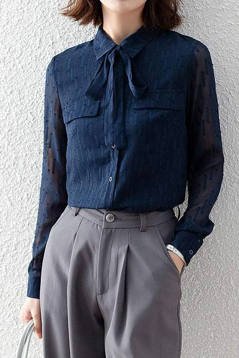 Oversized women's topsString Ribbon Flap Decor Dobby Weave Shirt with Lining