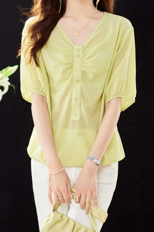 Navy blue women's topsV-Neck Front Button Decor Drawstring Gathered Blouse - 3 Colors Available