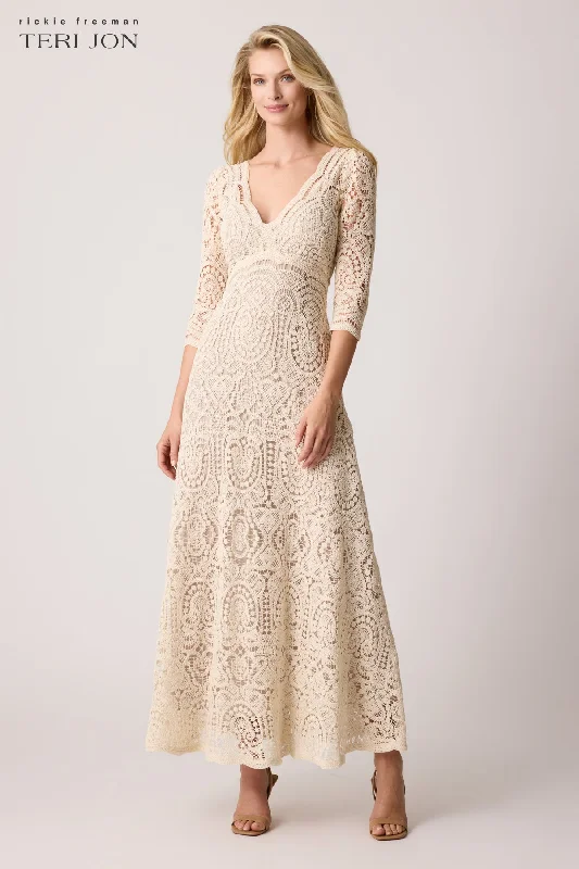Strapless dresses for womenCrochet V Neck 3/4 Sleeve Midi Dress