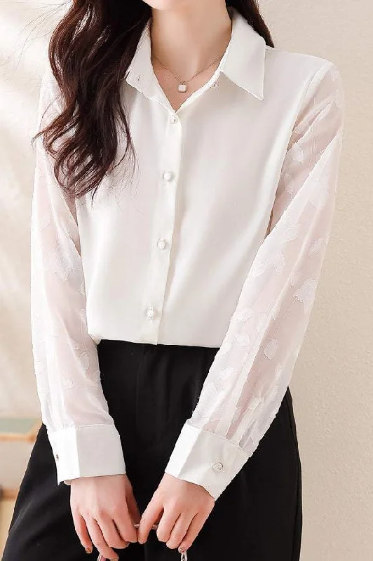 Floral print women's topsJacquard Embroidery Decor Sheer Sleeve Satin Shirt - 2 Colors Available