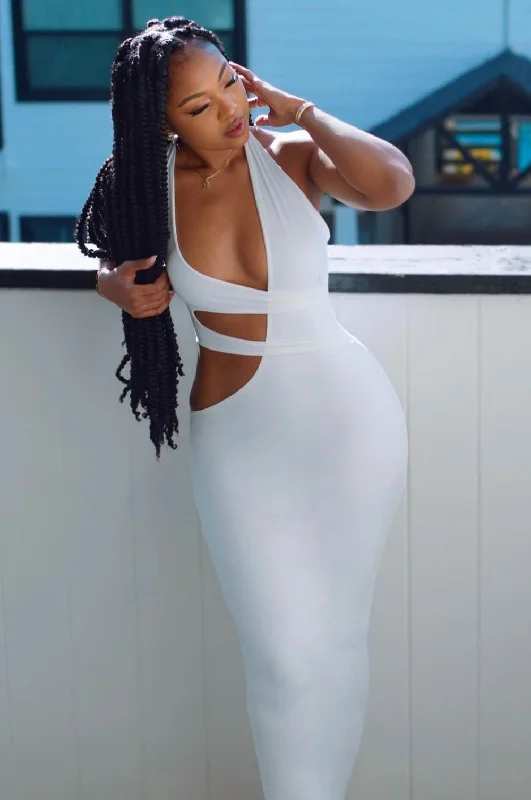 Vintage-inspired dresses for retro fashion loversWhite One Shoulder Cut Out Midi Dress