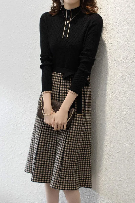 Flowy dresses for womenTurtleneck Knit Patchwork Plaid Midi Dress